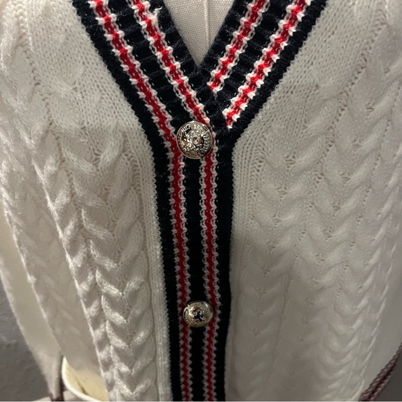 🍒TOMMY HILFIGER CREAM CABLE KNIT VARSITY CARDIGAN SIZE LARGE🍒 - Picture 5 of 8